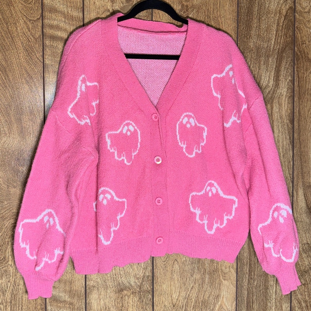 Pink Ghost Pattern Button Front Cardigan Sweater Oversized Spooky Cute Knit M